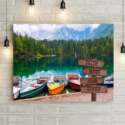 Personalized Colorful Boats on Mountain Lake Premium Canvas -  - Lazerworx