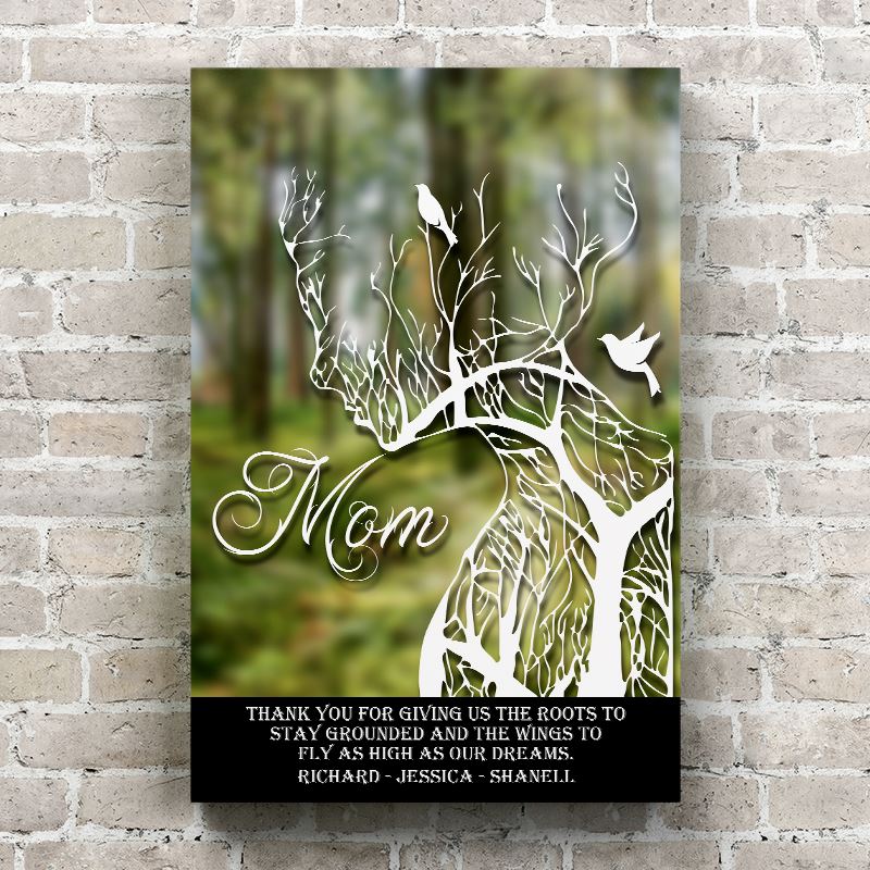 Personalized Canvas Wall Art - Mom Roots to Stay Grounded Face Silhouette of a Tree - 16 x 24 / Blurred Forest w/ Black Border - Lazerworx