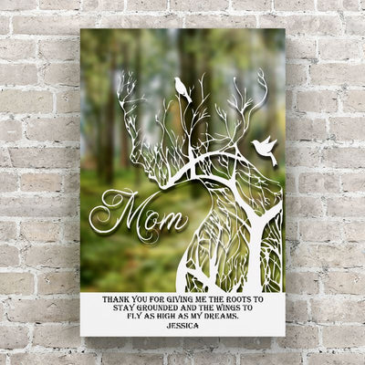 Personalized Canvas Wall Art - Mom Roots to Stay Grounded Face Silhouette of a Tree - 16 x 24 / Blurred Forest w/ White Border - Lazerworx