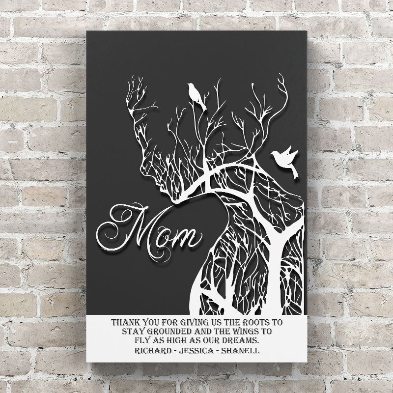 Personalized Canvas Wall Art - Mom Roots to Stay Grounded Face Silhouette of a Tree - 16 x 24 / Dark Gray - Lazerworx