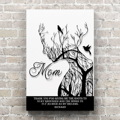 Personalized Canvas Wall Art - Mom Roots to Stay Grounded Face Silhouette of a Tree - 16 x 24 / White - Lazerworx