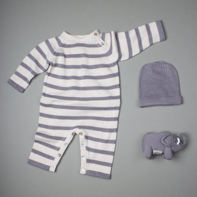 Organic Baby Gift Set - Handmade Newborn Long Romper, Hat & Rattle Toy | Elephant -  - Estella