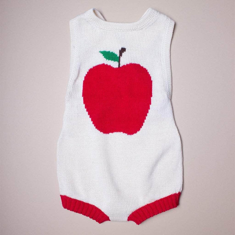 Organic Baby Gift Set - Sleeveless Hand Knit Newborn Romper, Apple Rattle Toy & Hat -  - Estella
