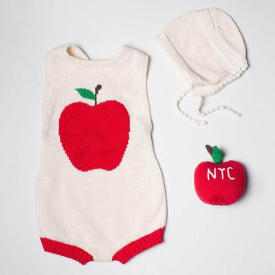 Organic Baby Gift Set - Sleeveless Hand Knit Newborn Romper, Apple Rattle Toy & Hat -  - Estella