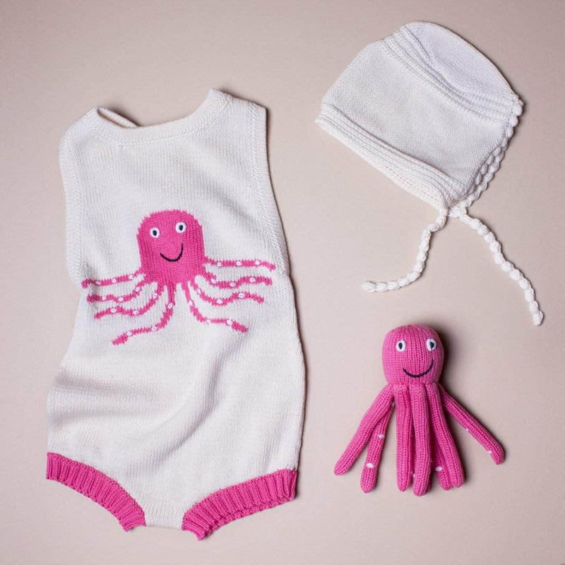 Organic Baby Gift Set - Sleeveless Octopus Romper, Octopus Rattle & Hat - Pink / 0-6 M - Estella