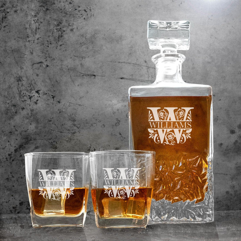 Personalized Kinsale Decanter Set with 2 Square Cocktail Glasses - Filigree - Completeful