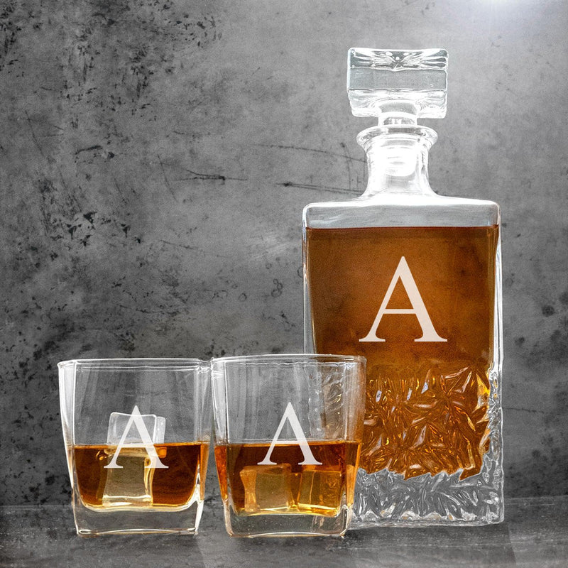 Personalized Kinsale Decanter Set with 2 Square Cocktail Glasses - 1Initial - Completeful