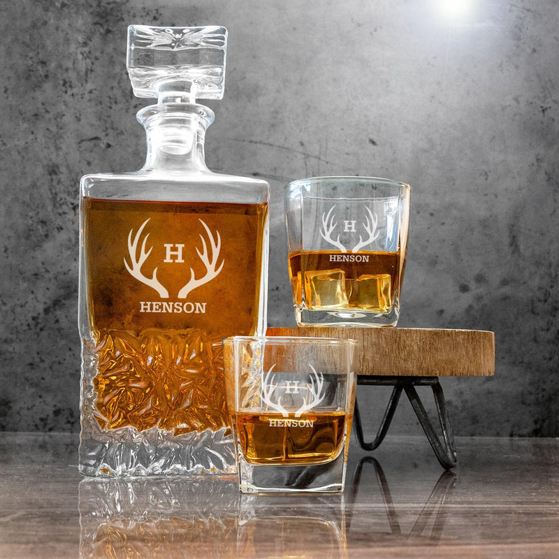 Personalized Kinsale Decanter Set with 2 Square Cocktail Glasses - Antlers - Completeful