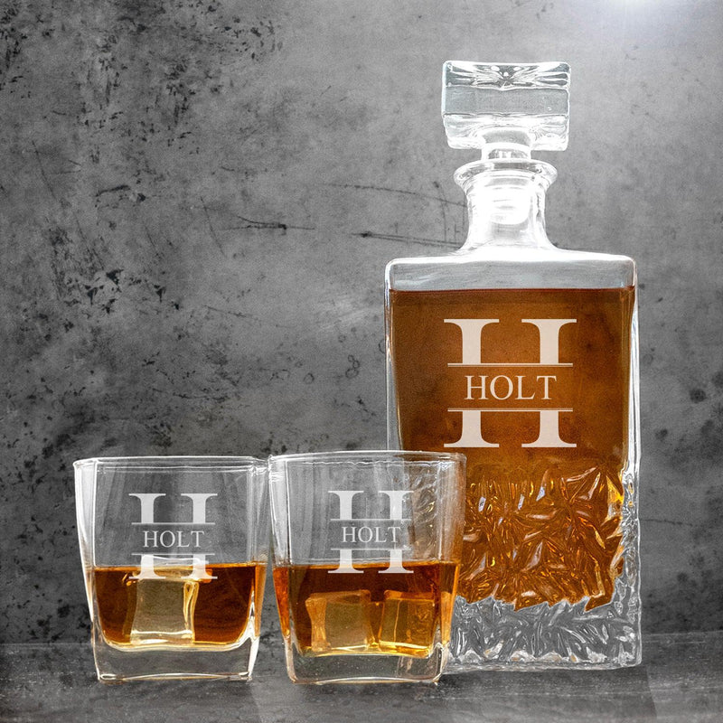 Personalized Kinsale Decanter Set with 2 Square Cocktail Glasses - Stamped - Completeful