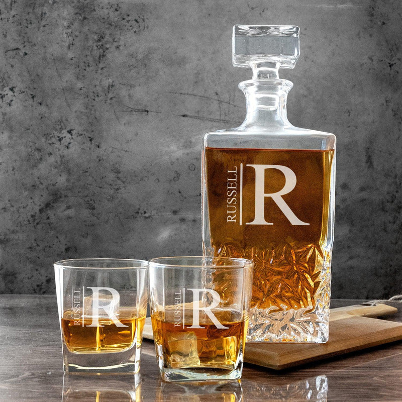 Personalized Kinsale Decanter Set with 2 Square Cocktail Glasses - Modern - Completeful