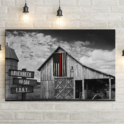 Personalized Thin Red Line Flag on Old Barn Framed Canvas Print -  - Lazerworx