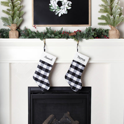 Personalized Plaid Christmas Stockings - Black And White Plaid - Wingpress Designs