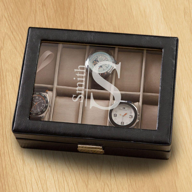 Monogrammed Watch Box - Black Leather - Holds 10 Watches -  - JDS