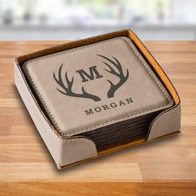 Personalized Tan Square Coaster Set - TanAntlers - JDS