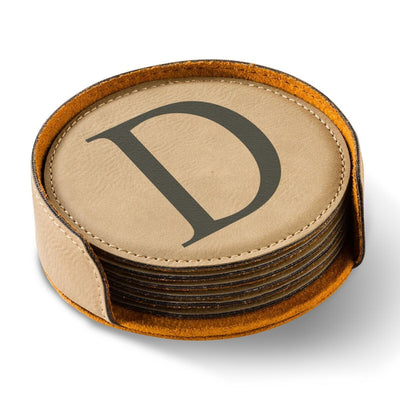 Personalized Round Vegan Leather Coaster Set - 4 Colors - Light Brown - JDS
