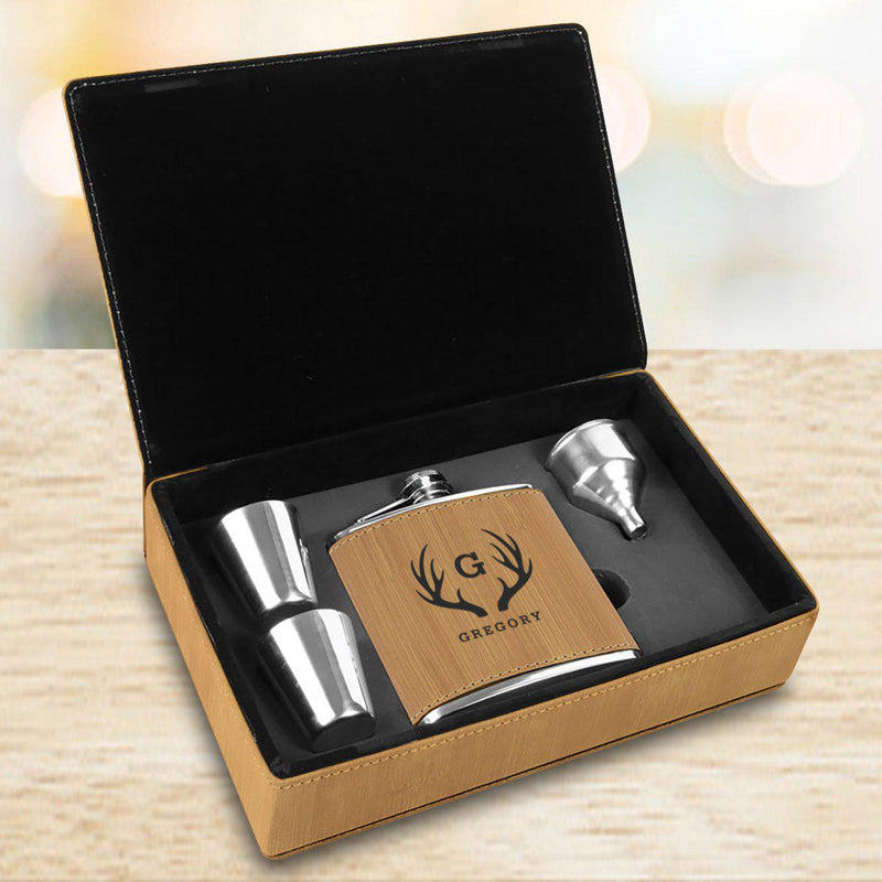 Personalized Bamboo Flask Gift Set - Antler - Lazerworx