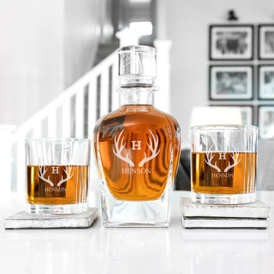 Personalized Antique Whiskey Decanter Gift Set - Antlers - Completeful