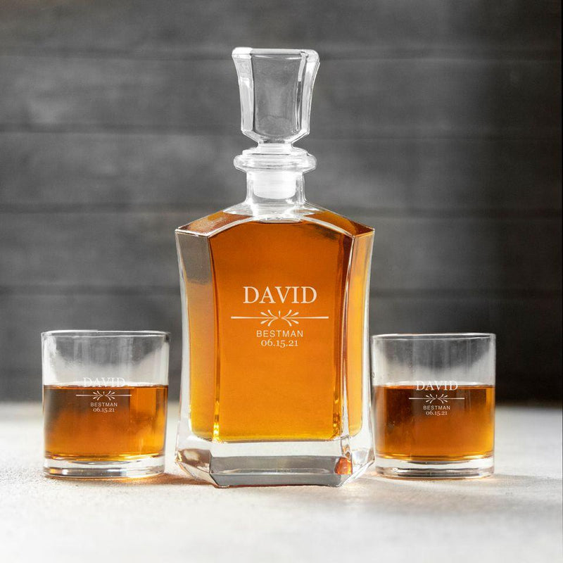 Personalized Best Man Whiskey Decanter Set with 2 Lowball Glasses - David - Completeful