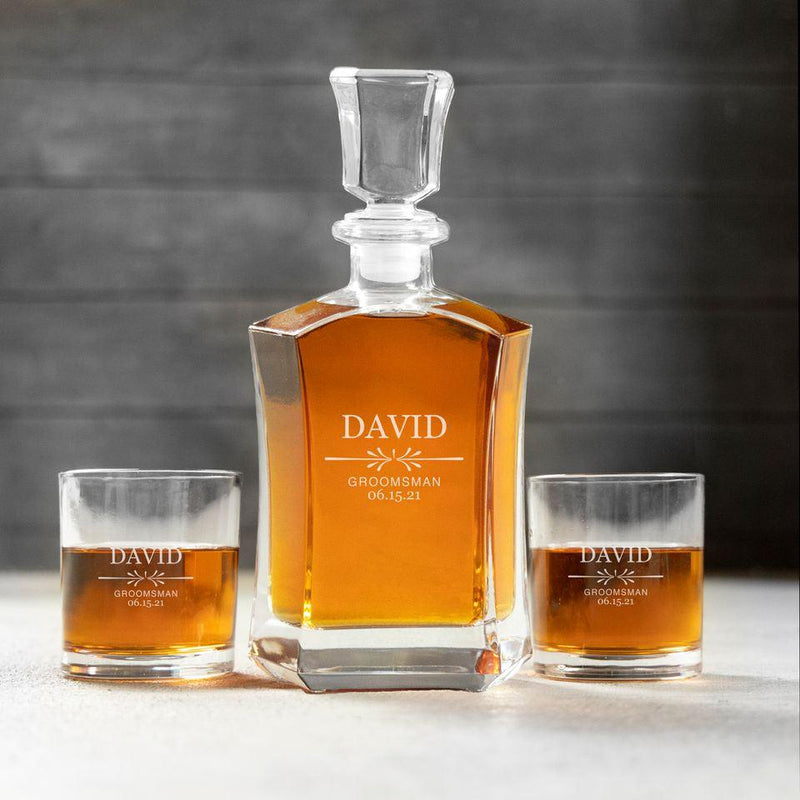 Personalized Groomsman Whiskey Decanter Set with 2 Lowball Glasses - David - Completeful