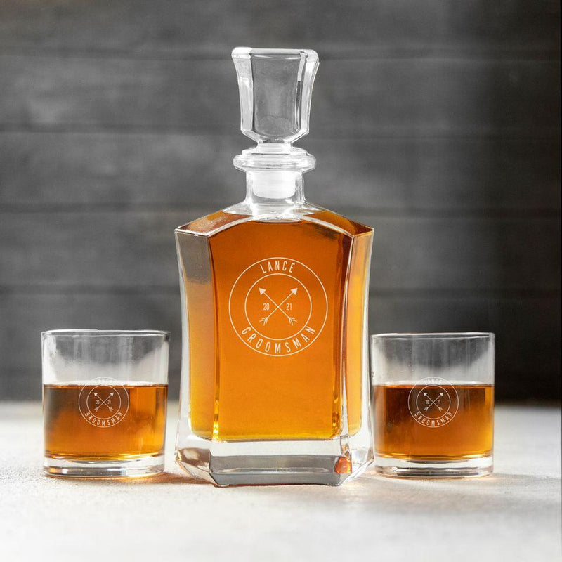 Personalized Groomsman Whiskey Decanter Set with 2 Lowball Glasses - Lance - Completeful