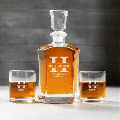 Personalized Groomsman Whiskey Decanter Set with 2 Lowball Glasses - Harrison - Completeful