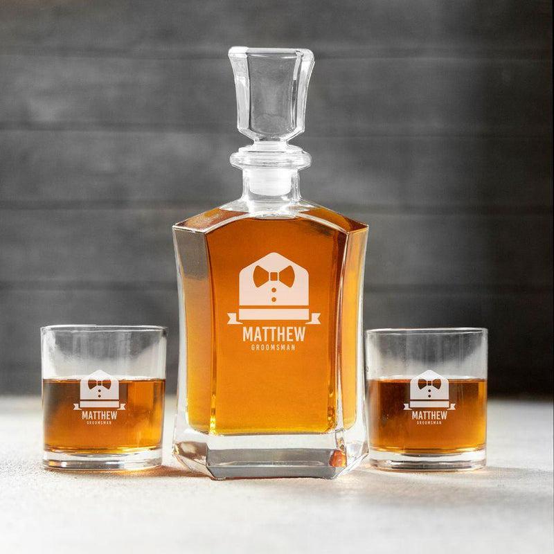 Personalized Groomsman Whiskey Decanter Set with 2 Lowball Glasses - Matthew - Completeful