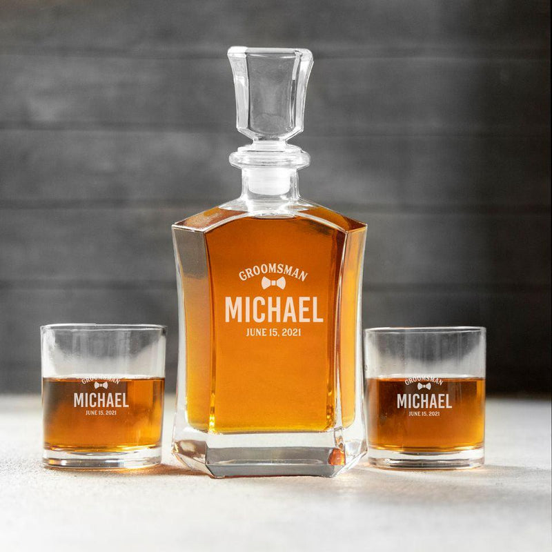 Personalized Groomsman Whiskey Decanter Set with 2 Lowball Glasses - Michael - Completeful