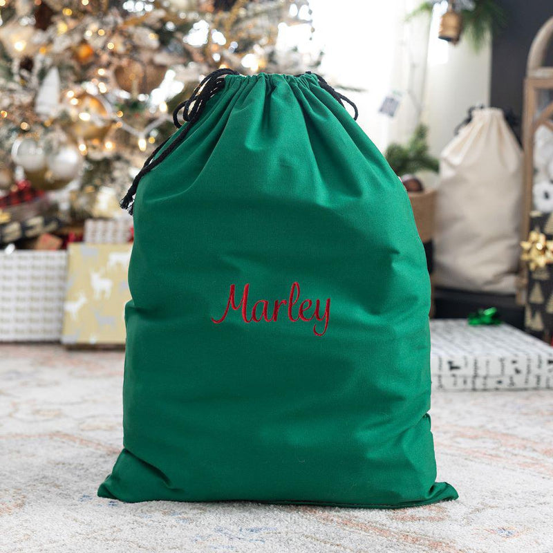 Personalized Embroidered Cotton Santa Bags - Large (19.5" x 26”) / Green - Wingpress Designs