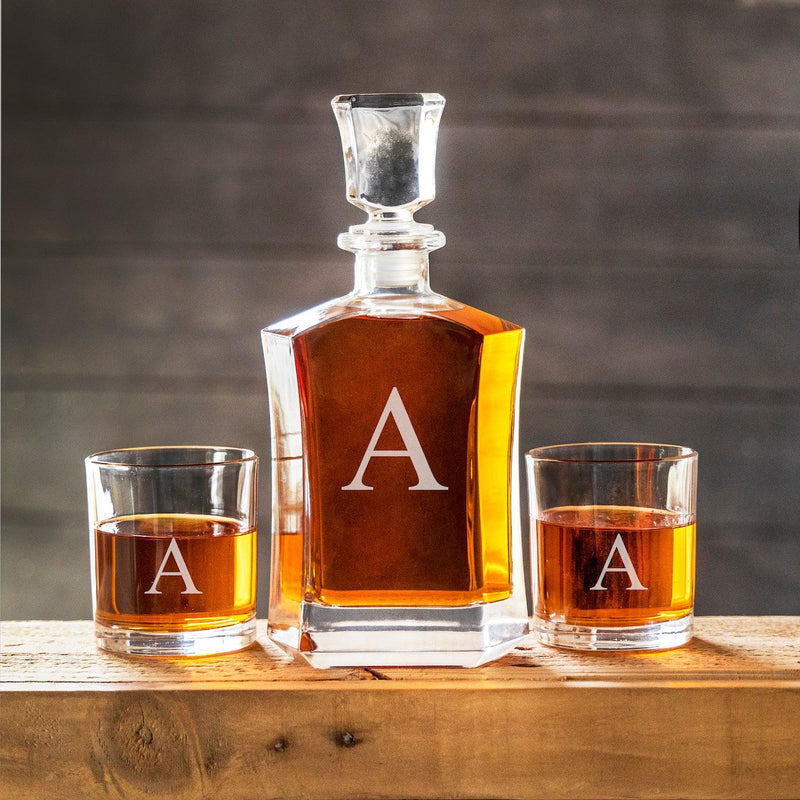 Personalized Decanter Set with 2 Whiskey Glasses - Single Initial - Completeful