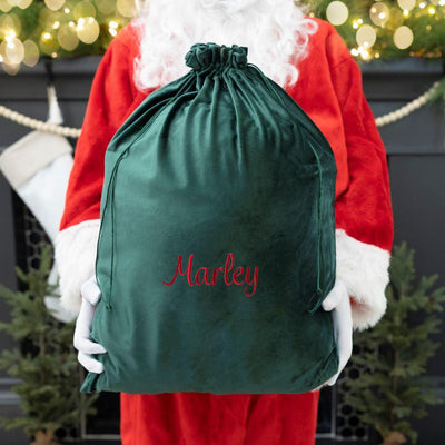 Personalized Embroidered Velvet Santa Bags - Large (19.5" x 26”) / Green - Completeful