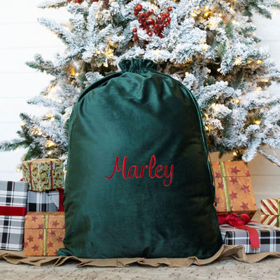Personalized Embroidered Velvet Santa Bags - Small (14" x 20.5”) / Green - Completeful