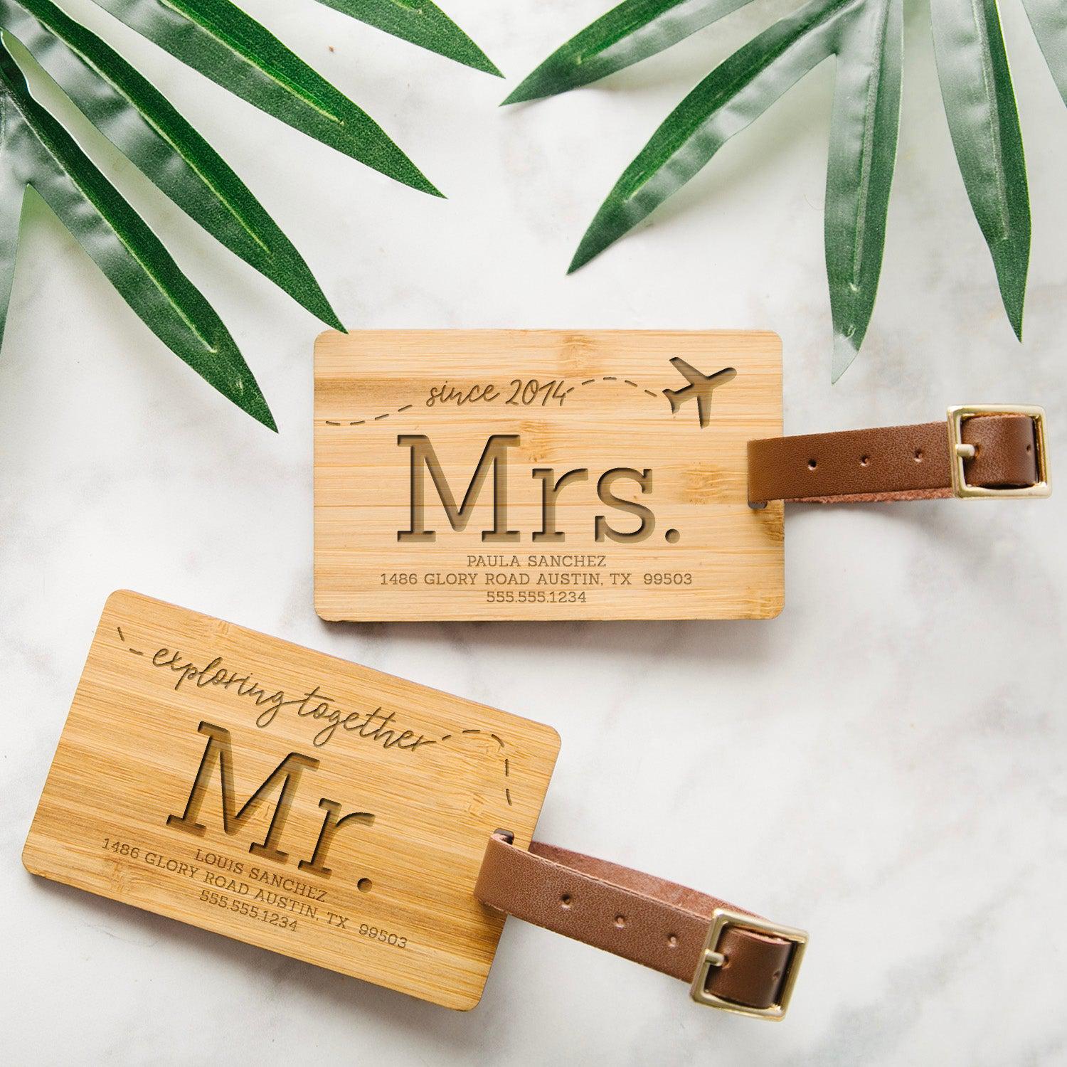 Mr & Mrs Personalized Couples Wooden Luggage Tags - Bamboo