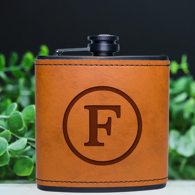 Personalized Leather Wrapped Black Flasks -