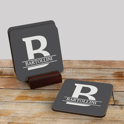 Personalized Family Name through initial 4 COASTERS AND STAND -