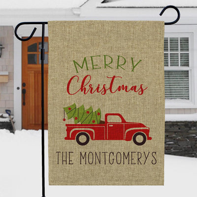 Personalized Red Truck Christmas Burlap Garden Flag - Print One Side