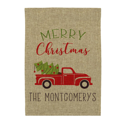 Personalized Red Truck Christmas Burlap Garden Flag -