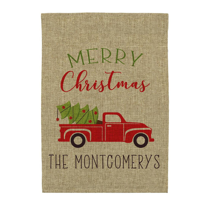 Personalized Red Truck Christmas Burlap Garden Flag -