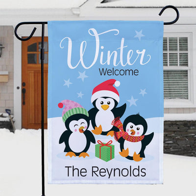 Personalized Winter Welcome Penguins Garden Flag -
