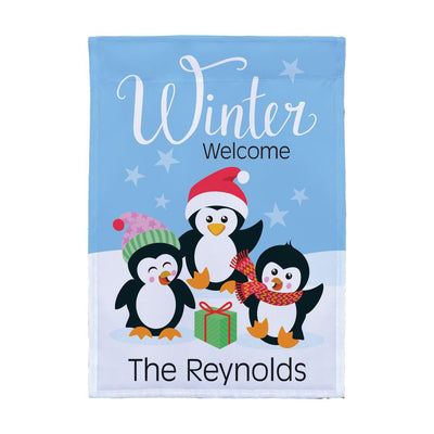 Personalized Winter Welcome Penguins Garden Flag -