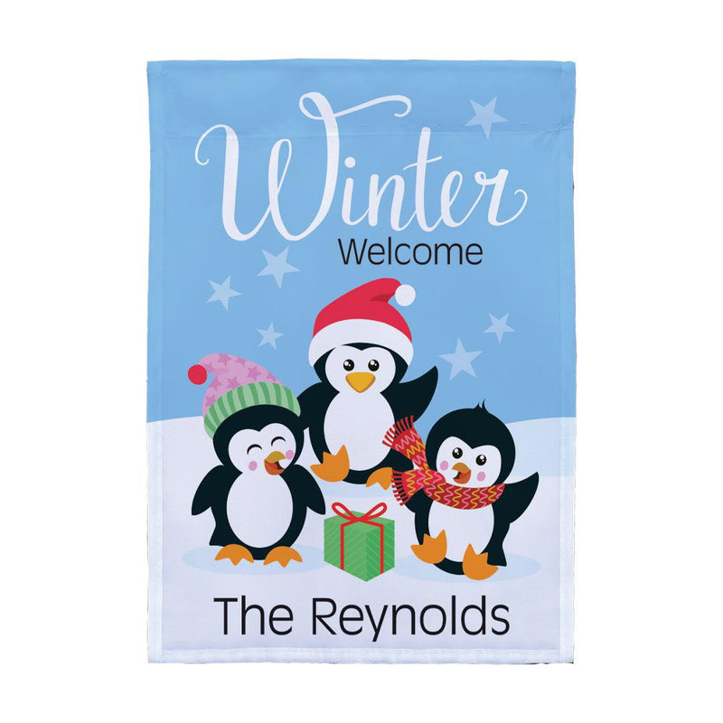 Personalized Winter Welcome Penguins Garden Flag -