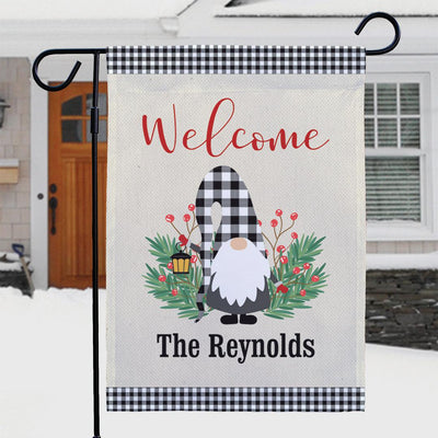 Personalized Welcome Gingham Gnome Garden Flag -