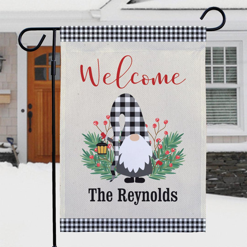 Personalized Welcome Gingham Gnome Garden Flag -
