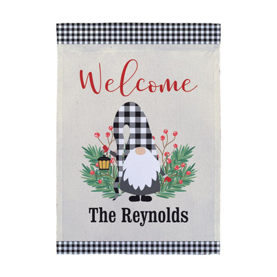 Personalized Welcome Gingham Gnome Garden Flag -