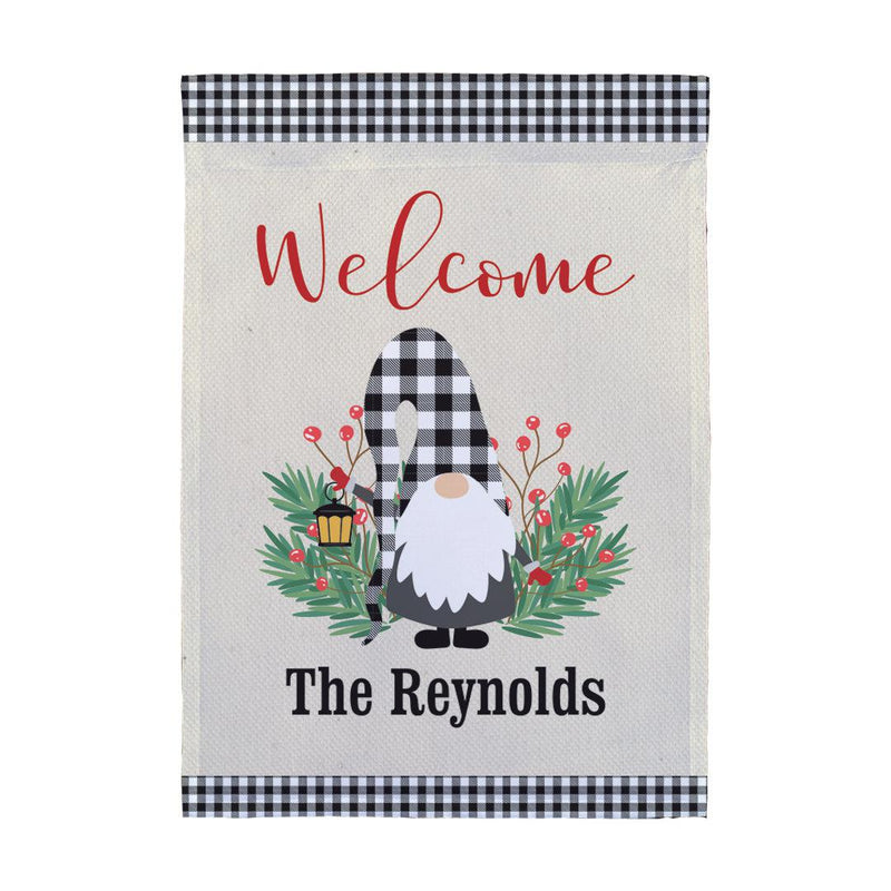 Personalized Welcome Gingham Gnome Garden Flag -