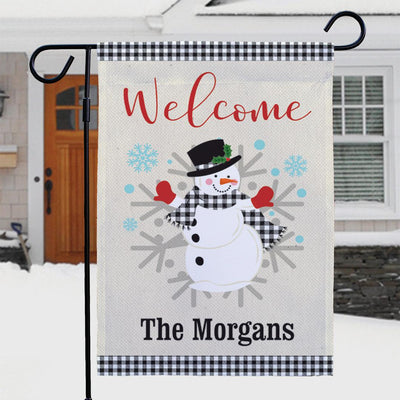 Personalized Welcome Gingham Snowman Garden Flag -