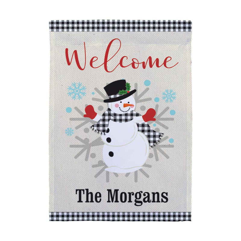 Personalized Welcome Gingham Snowman Garden Flag -