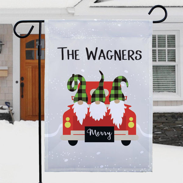 Personalized Christmas Truck Plaid Gnomes Garden Flag - Print One Side