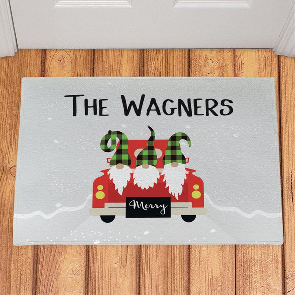 Personalized Christmas Truck Plaid Gnomes Doormat -