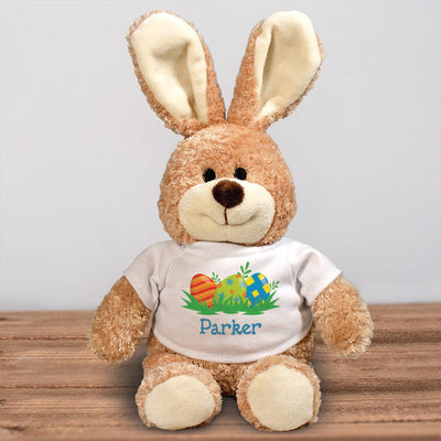 Personalized Name Angled Blue Green and Orange Eggs with Name Brown Bunny - 15"