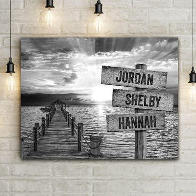 Personalized Ocean Sunset Canvas Black & White Print - Dock + Sign -